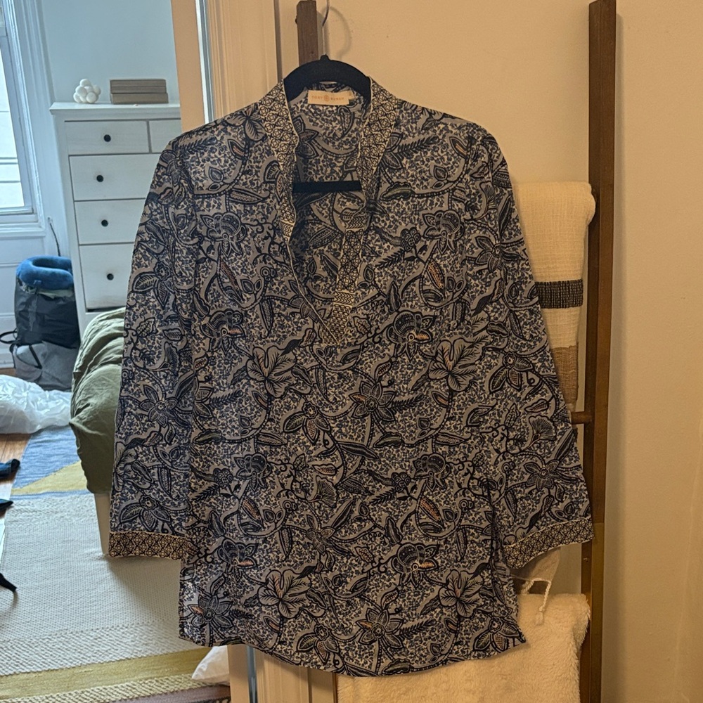 Tory Burch Navy and White Patterned Blouse